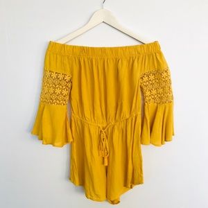Yellow Off the Shoulder Romper Jumper Floral